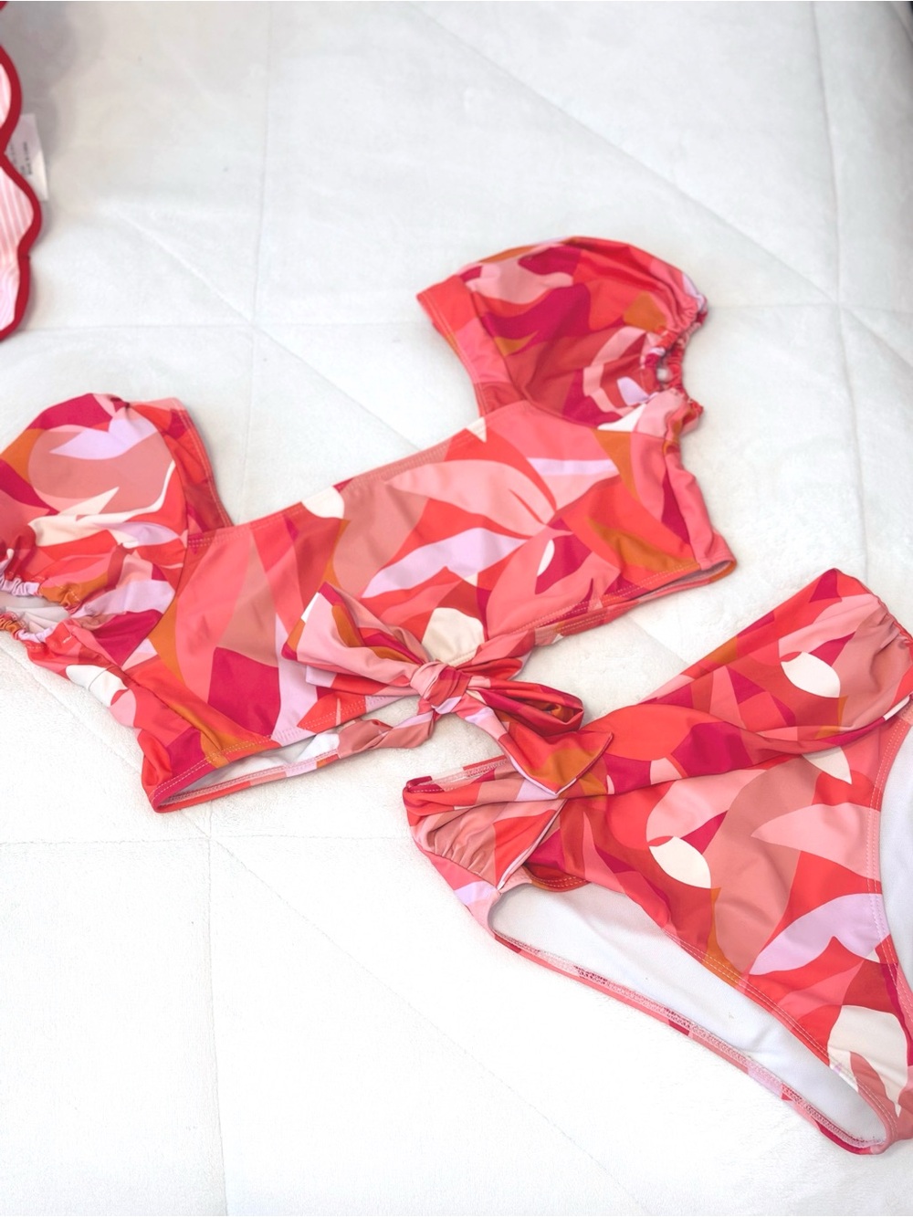 Pink Tropical Print Puff Sleeve Bikini Set
